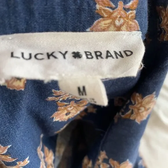 Lucky Brand Floral Midi Dress Button Collar Medium Minimalist Peasant Rayon Tie - Picture 10 of 12